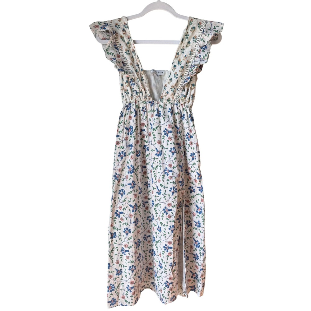 Ash & Aden Midi Dress Floral Ruffle Cottagecore Deep V Ruffle Cap Sleeve Boho XS